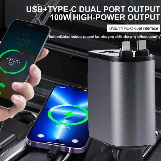 4-in-1 Retractable Car Charger: 100W USB Type C Cable for iPhone, Huawei, Samsung - Fast Charge Cord with Cigarette Lighter Adapter